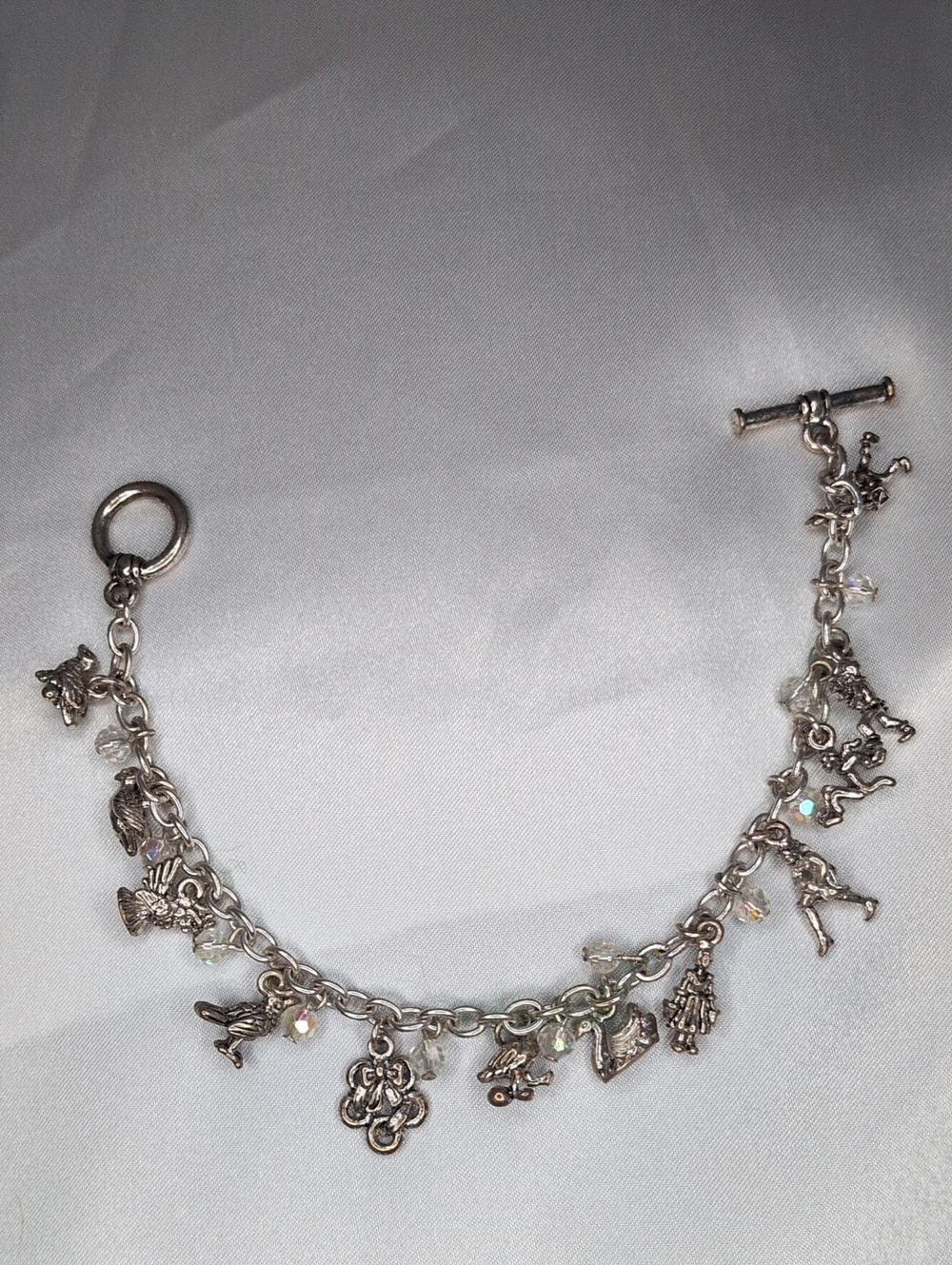 Vintage 12 Days of Christmas Charm Bracelet Pewter Tone AB Crystal Toggle Clasp